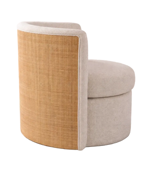 Round beige ottoman with woven design in a living room setting.