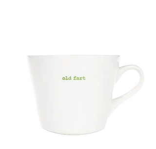White mug with 'old fart' text in green on a white background