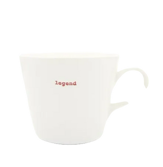 White mug with 'legend' text on a white background